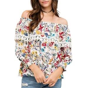 COPY - Entro Off Shoulder 3/4 Ballon Sleeve Ruffle Hem Multicolor Floral Top Si…